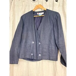Chaus Vintage Navy Blue 100% Linen Double Breasted Collarless Blazer Jacket 8
